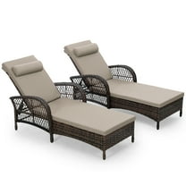 OUINCH 2-Piece Outdoor Wicker Lounge Chairs with Cushion, Rattan Patio Chaise Loungers with 6-Level Backrest, All Weather Lay Flat Pool Sunbathing Recliner Chair, Armrest and Head Pillow, Beige