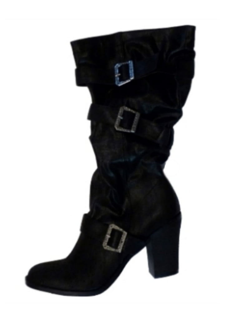 Womens Knee High Boots Triple Ankle Adjustable Crisscrossed Strap Buckles  Black 