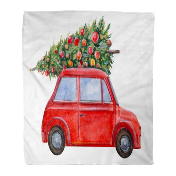SIDONKU Throw Blanket Warm Cozy Print Flannel Green Auto Watercolor Red Car and Tree Christmas Bow Comfortable Soft for Bed Sofa and Couch 58x80 Inches