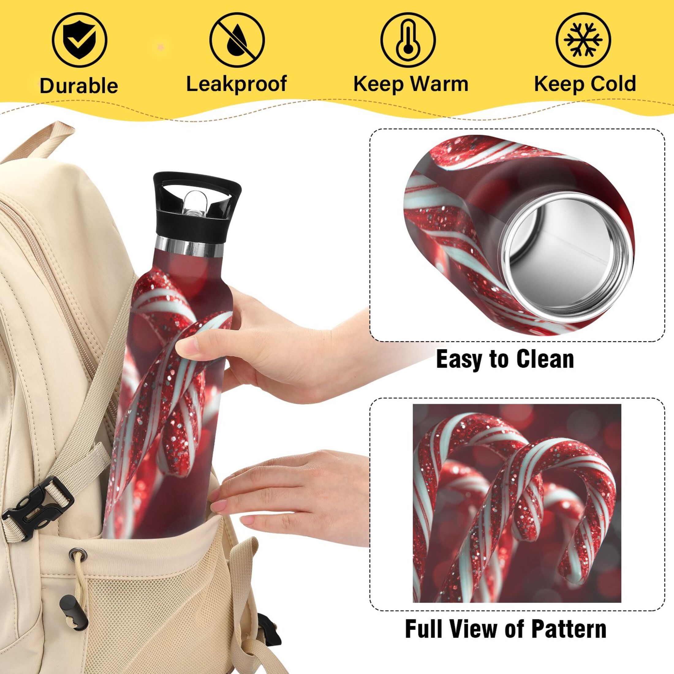 600ML Stainless Steel Insulated Cup Sports Water Bottle Portable Thermos Cup Water Glasses Insulated Tumblers Convenient and Durable Cartoon Christmas Candy Cane