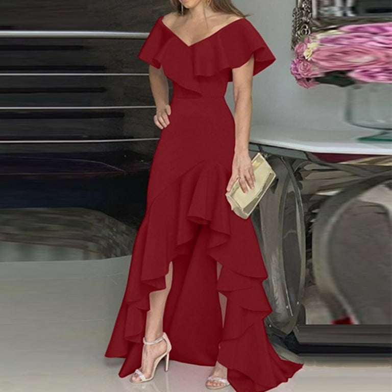 Fusipu High-Waist Waist Tight Irregular High-Low Hem Women Dress Elegant  Off Shoulder Ruffle Collar Maxi Dress Female Clothing - Walmart.com