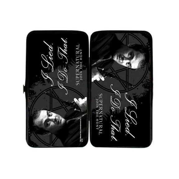 Supernatural Wallet, Hinged, Crowley I Lied I Do That Pentagram Black Grays White, Vegan Leather