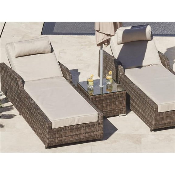 Direct Wicker  3 Piece Outdoor PE Rattan Adjustable Wicker Patio Chaise Lounge Set with Cushion & Table, Brown - 4 in.