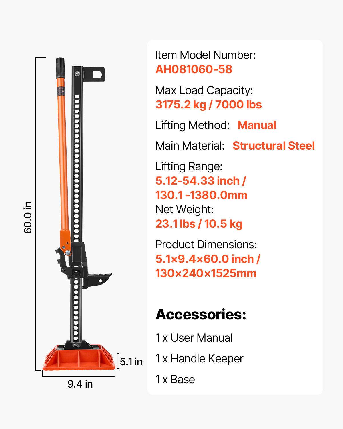 VEVOR Farm Jack with Base,60" Utility High Lift Farm Jack,3.18 Ton (7,000 lbs) Capacity Ratcheting Off Road Utility Jacks,Heavy-Duty Lift Jacks with 5.12"-54.33" Lifting Range for Tractor,Truck,SUV