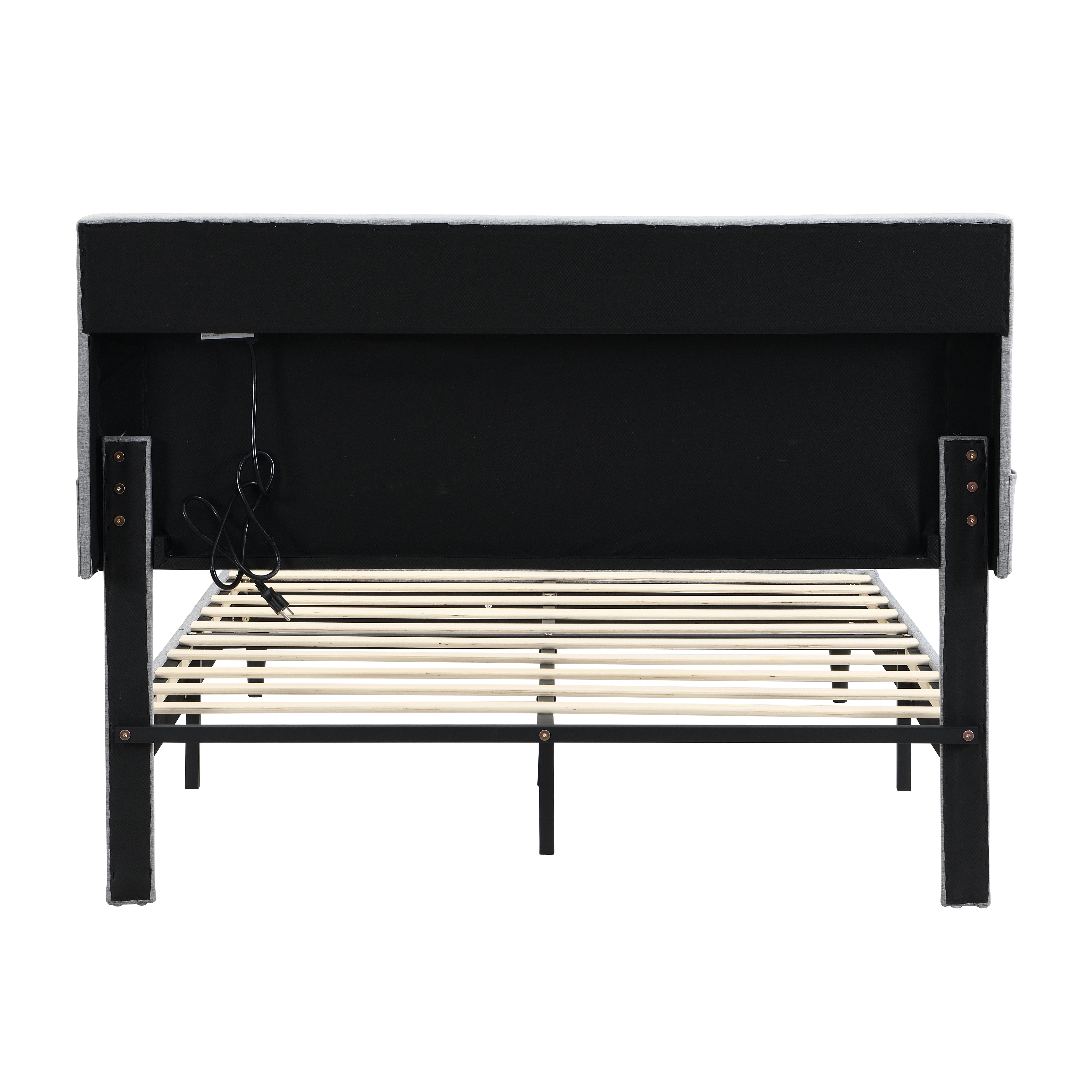 Lisonu Modern Queen-Size Upholstered Platform Bed Frame with Button-Tufted Linen Fabric Headboard and USB Ports in Light Grey