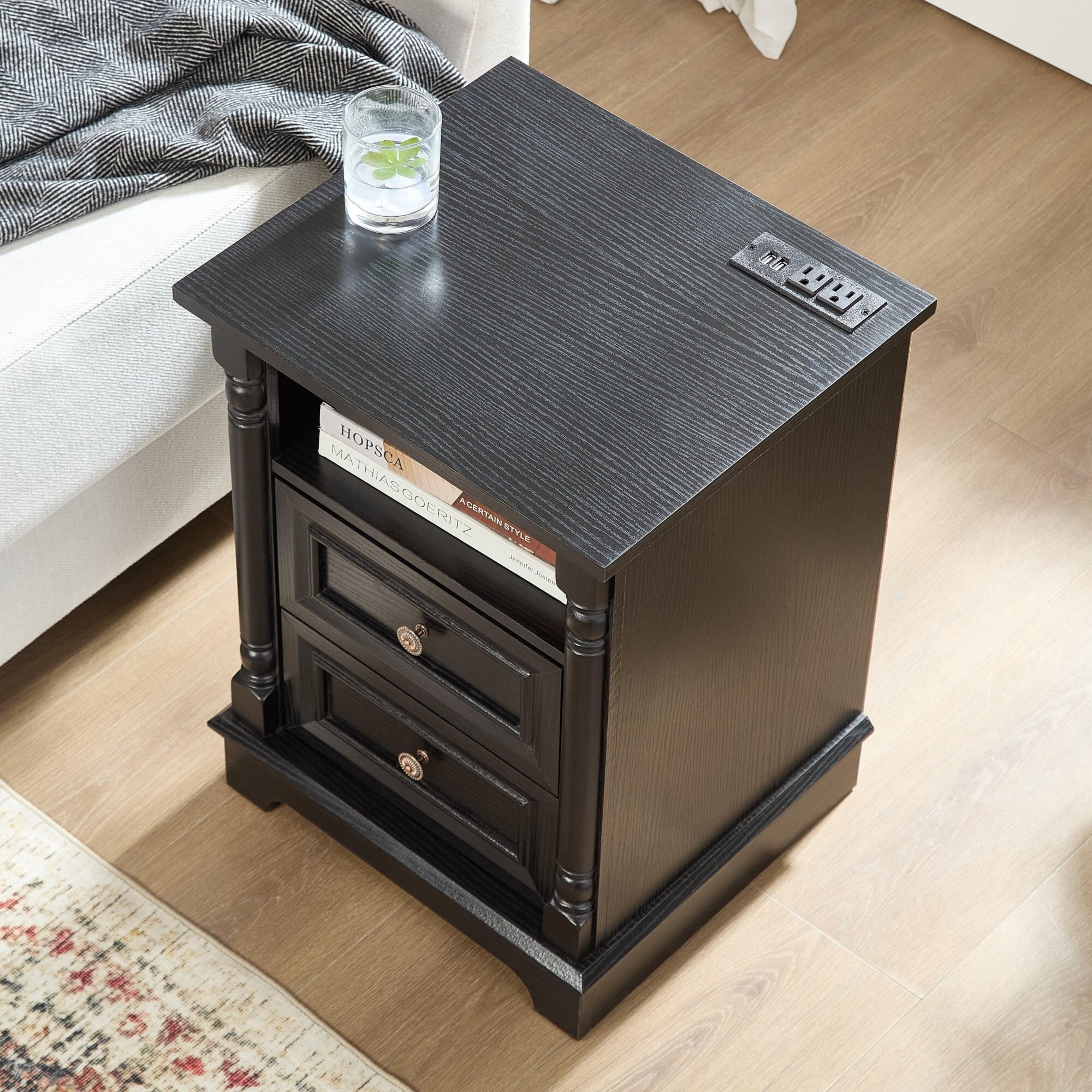 AENKYO Farmhouse 2-Drawer Nightstand with Charging Station, Rustic Wooden End Table for Bedroom & Living Room, Black