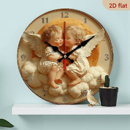 2D Flat, 1pc Adorable Angel Embrace Wooden Round Wall Clock - Farmhouse Style, Silent Non-Ticking, Easy-to-Read Numbers, 10Inch, Perfect for Kitchen, Bedroom, Office Decor BirthdayHoliday Gift