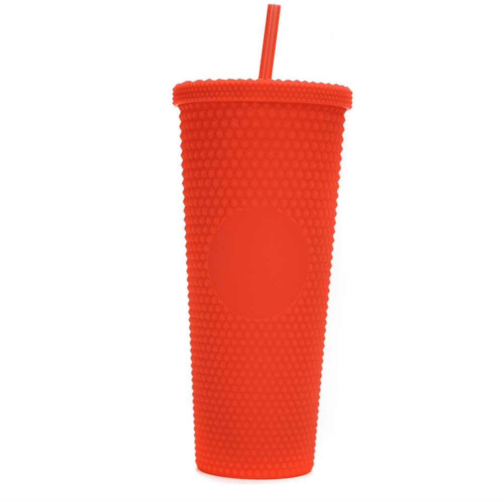 TRIANU 24Oz Studded Matte Cup Tumbler With Lid And Straw, Plastic Cup,  Double Wall Insulated, Reusable Textured Venti Cup, Orange Red 