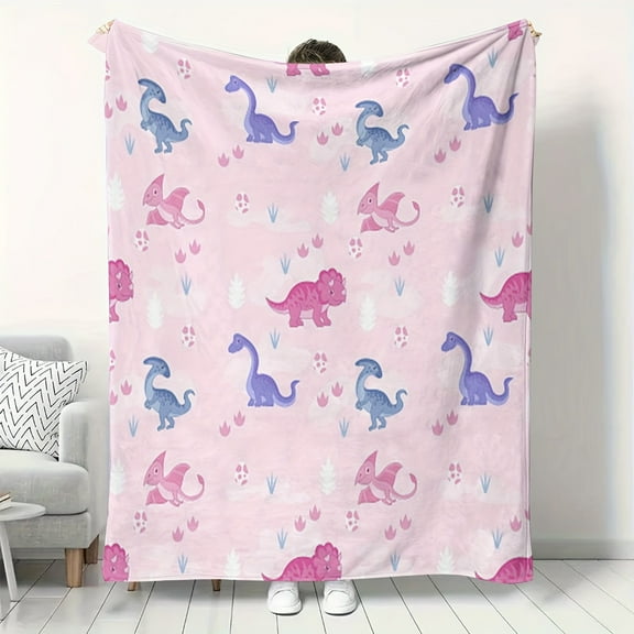 Soft Flannel Dinosaur Print Throw Blanket - Cozy Pink with Blue, Purple & Green Dinosaurs, Leafy Patterns - Perfect for Youngsters' Rooms, Gifts, and All-Season Comfort, Dinosaur Room Decor