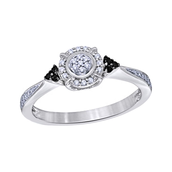 Round Cut Black & White Natural Diamond Frame Tri-Sides Promise Ring in 10k Solid Gold