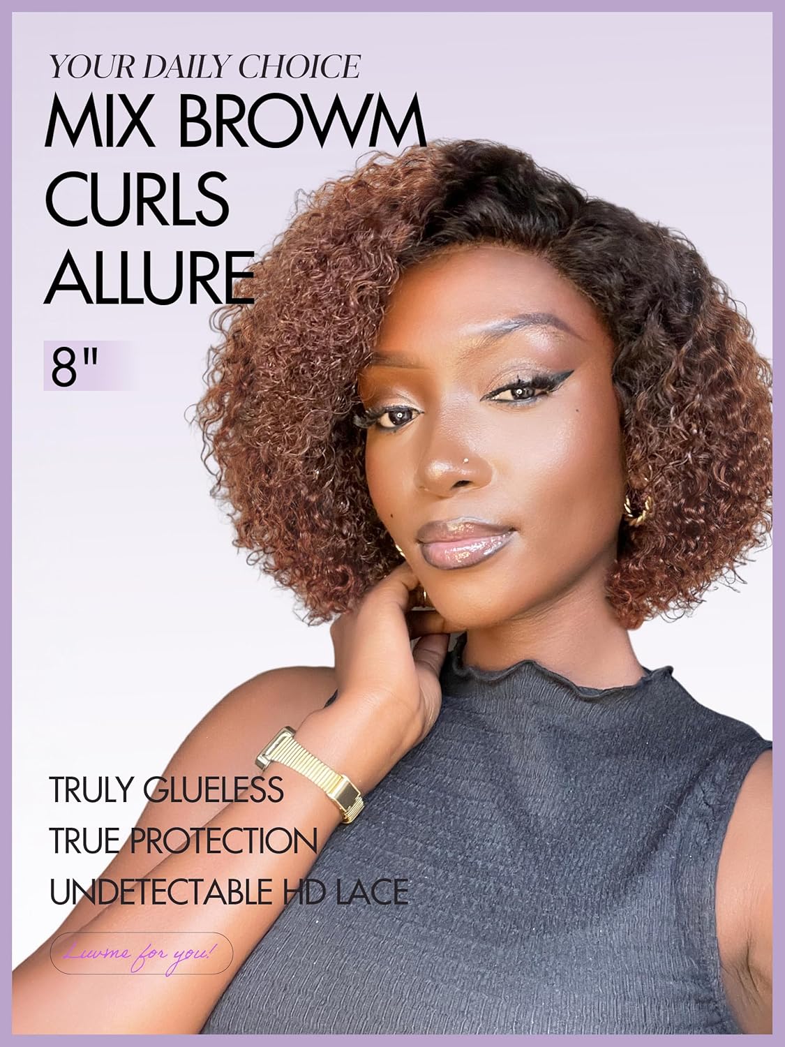 LUVME HD Lace Closure Kinky Curly Bob Wig 8" Ombre Mix Brown Human Hair Pre Cut Glueless C-Side Parted For Women