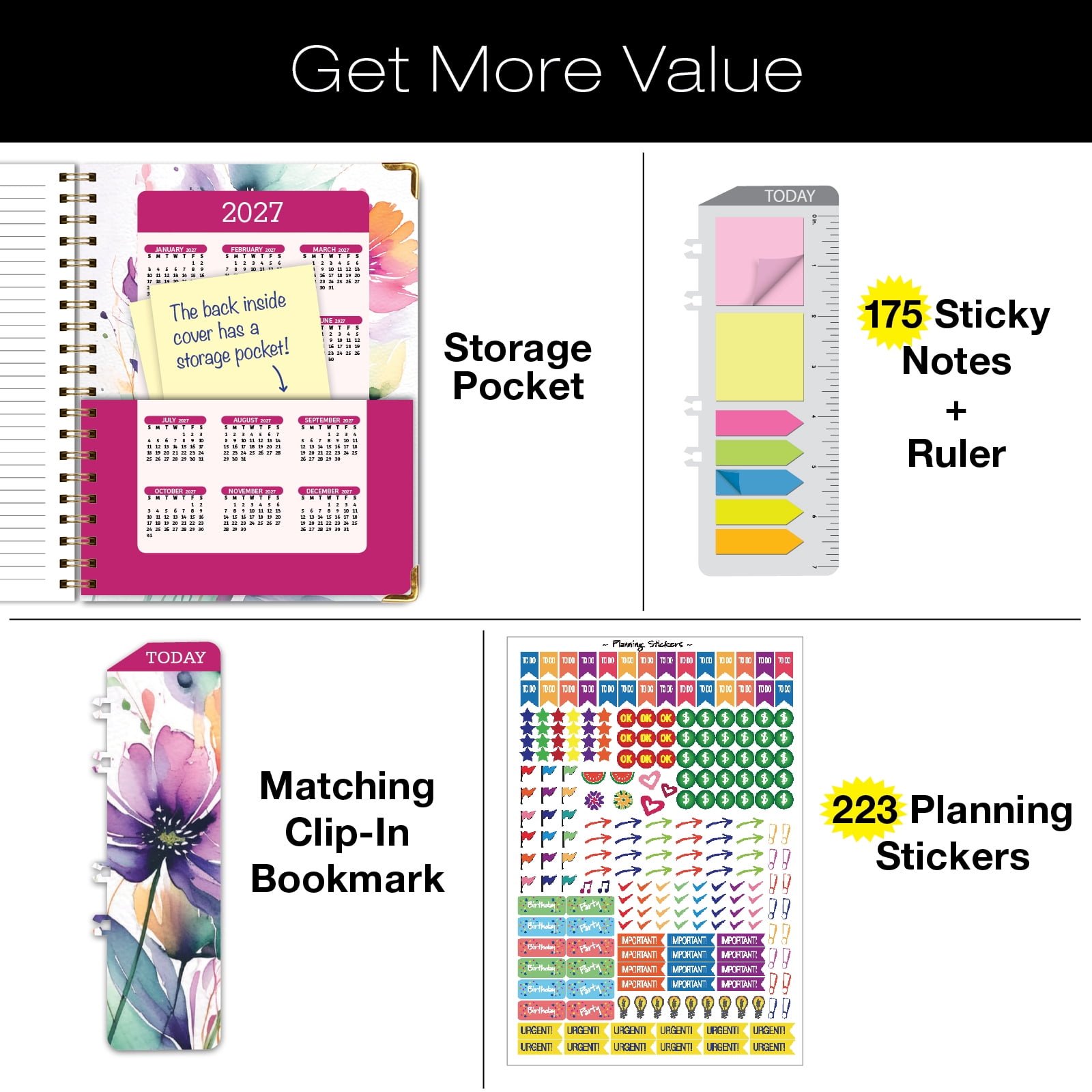 2026-2027 Excello Brands 8.5" x 11" Academic Year Hardcover Fashion Planner, Weekly/Monthly, 14 Month, Rainbow Floral