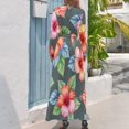 thumbnail image 3 of Tropical Hibiscus Floral Print Women's Long Dress Long Sleeves Dress Vintage Dresses Party Maxi Dress High Waist Dress, 3 of 4