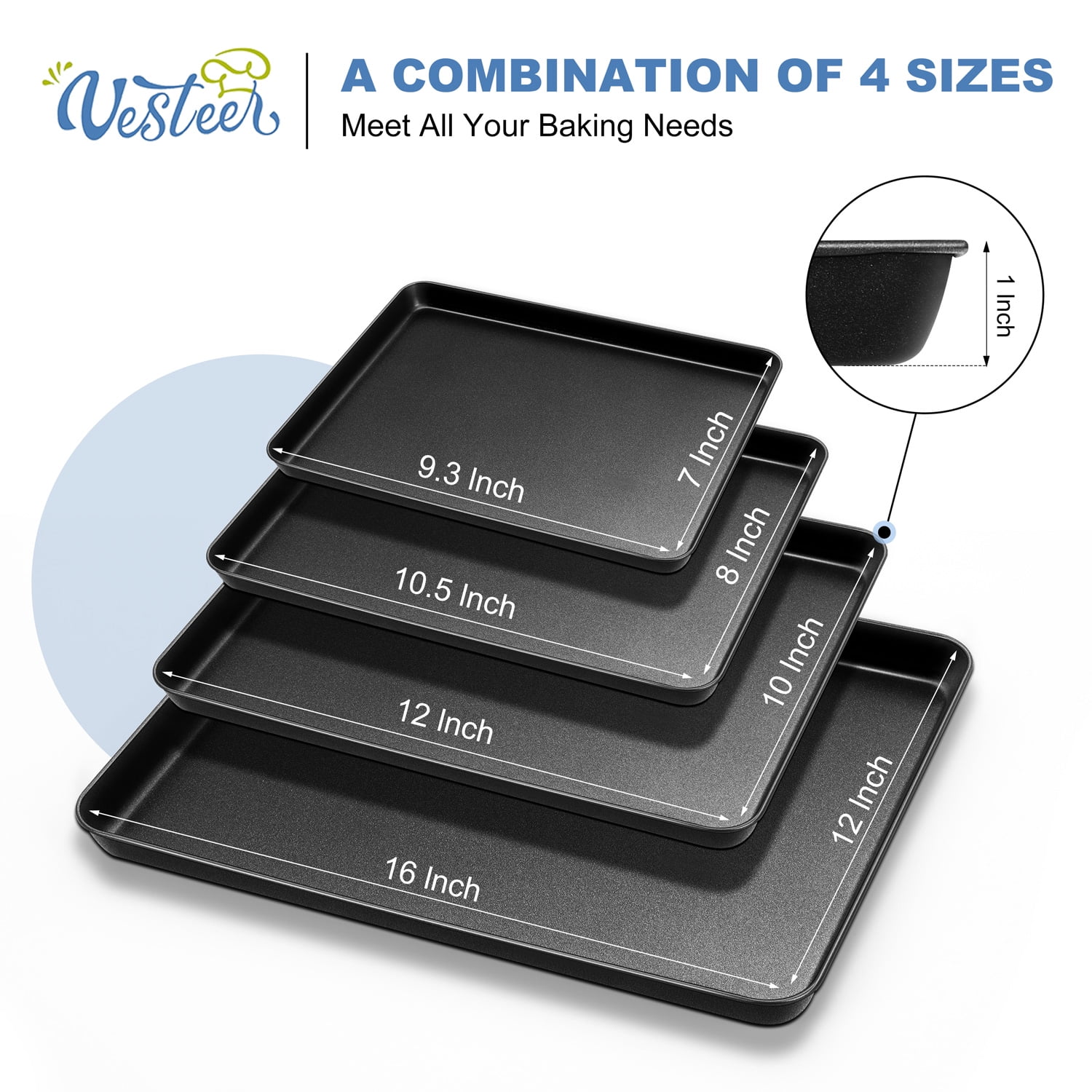 Vesteel Nonstick Baking Sheet Set of 4 (16/12/10.5/9 inch), Carbon Steel Baking Pan Tray Cookie Sheet, Half Sheet Bakeware Toaster Oven Pans for Baking