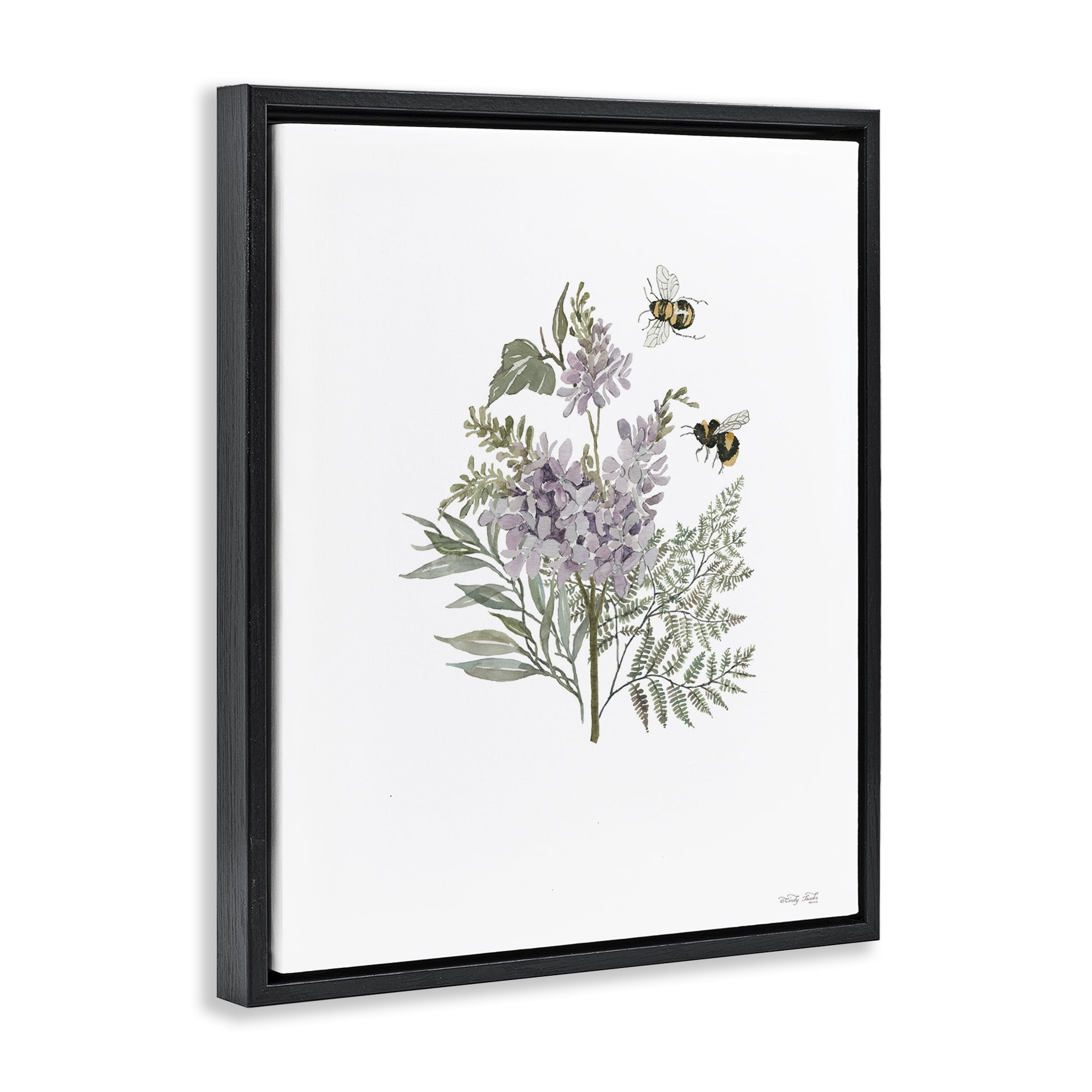 Stupell Industries Lilacs & Bumble Bees Animals & Insects Painting Black Floater Framed Art Print Wall Art, 17 x 21