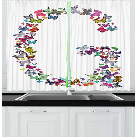 Letter G Curtains 2 Panels Set, Exotic Colorful Butterflies in the Shape of Letter G Cute Feminine Girls Design, Window Drapes for Living Room Bedroom, 55W X 39L Inches, Multicolor, by
