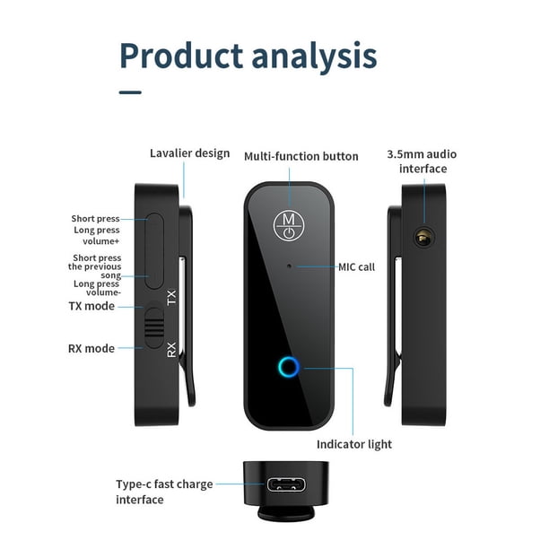 Receptor de audio para automóvil inalámbrico AUX compatible con Bluetooth V5.1 Transmisor de conector de 3,5 mm Manos libres Adaptador de auriculares para el hogar portátil 3 en 1 Guardurnaity EL005075-00B