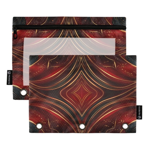 2 Pack 3 Ring Binder Pouch with Clear PVC Window Water Resistant Zipper Pencil Pouch Crimson Symmetry Gold Binder Pocket for Classroom Office Home Stationery Organization
