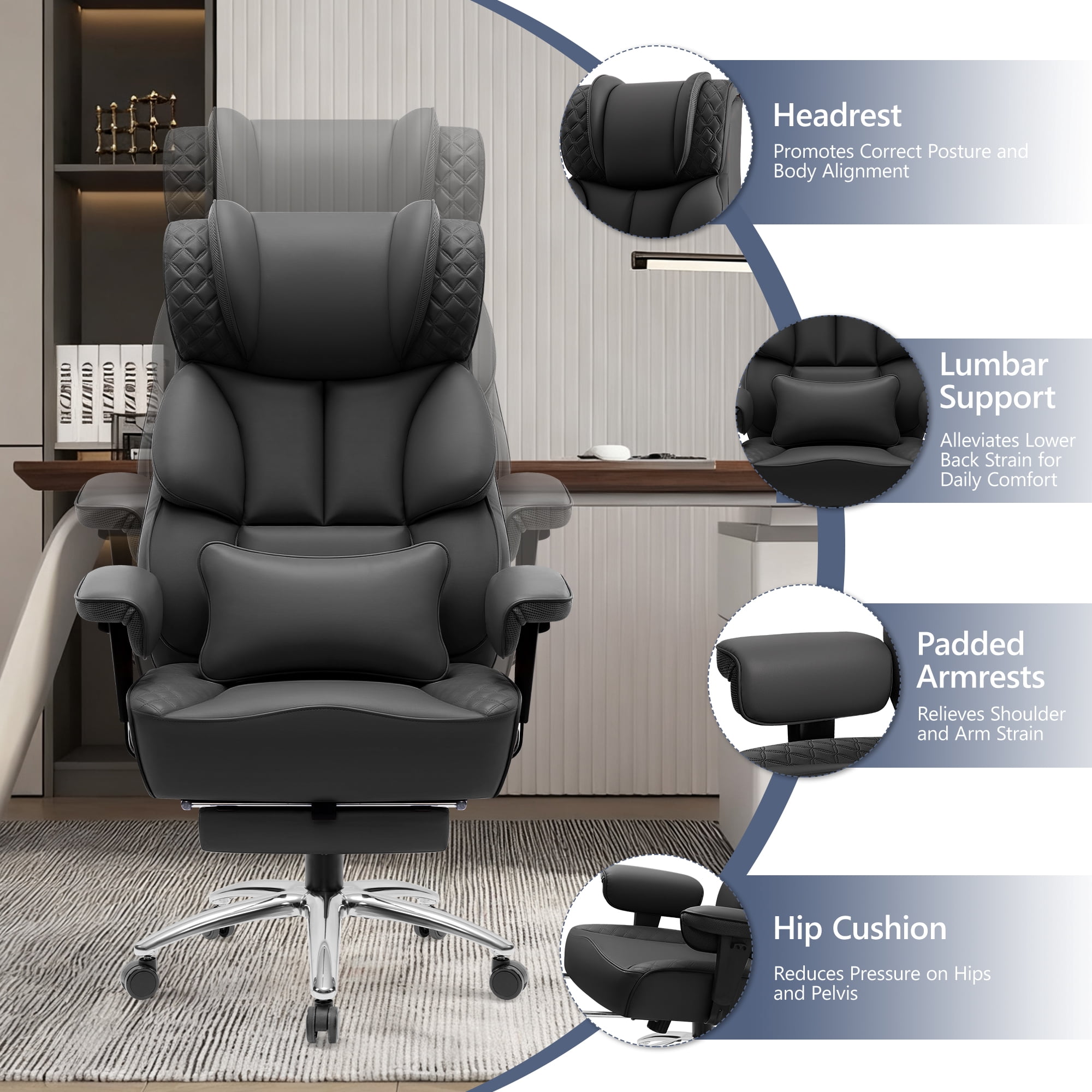 FASTES Office Desk Chair, Big and Tall Office Chair 400lbs Gaming Chair with Footrest, Ergonomic Executive High-Back Reclining Computer Chairs, Swivel Wheels and Lumbar Support, Black