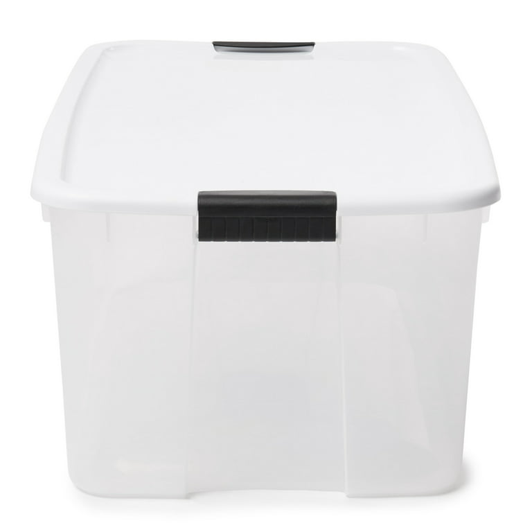  Sterilite 70 Qt Ultra Latch Box, Stackable Storage Bin with  Latching Lid, Organize Clothes, Sport Gear in Basement, Clear with White Lid,  4-Pack : Home & Kitchen