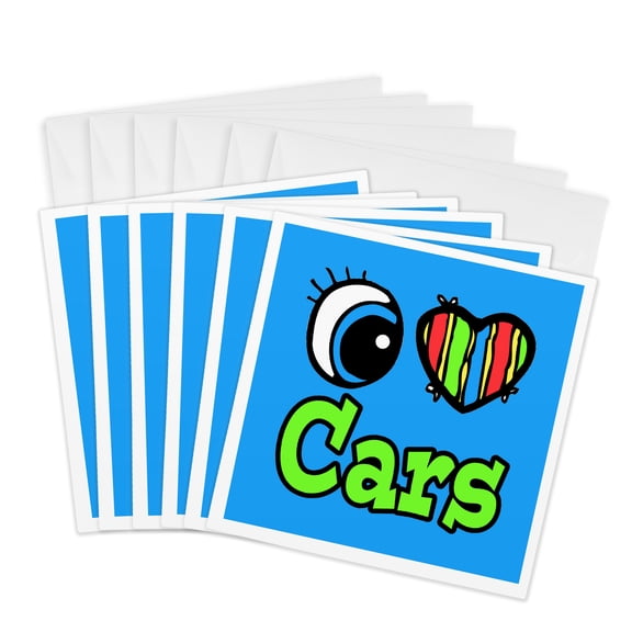 3drose, Bright Eye Heart I Love Cars, 6 Greeting Cards with Envelopes