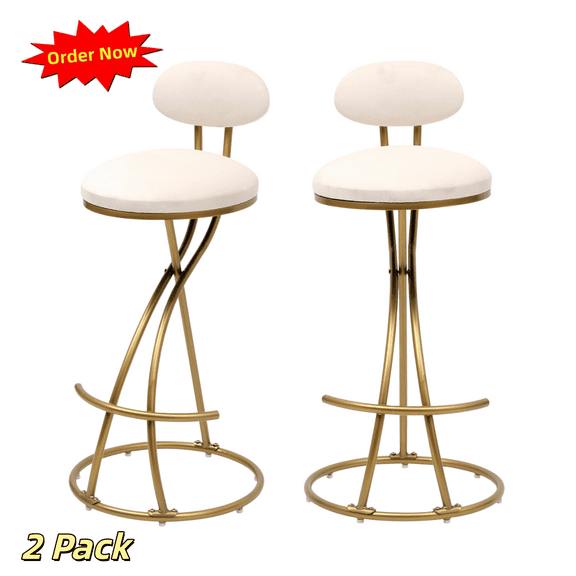 Tcbosik Upholstered Barstools Set of 2, Velvet Fabric Counter Height Stool with Back, Bar Stool with Metal Frame for Dining Room, Kitchen Island, Home Bar, Gold Creamy White