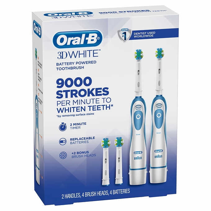 OralB 3D White Battery Powered Toothbrush, 2count Plus 2 Refills