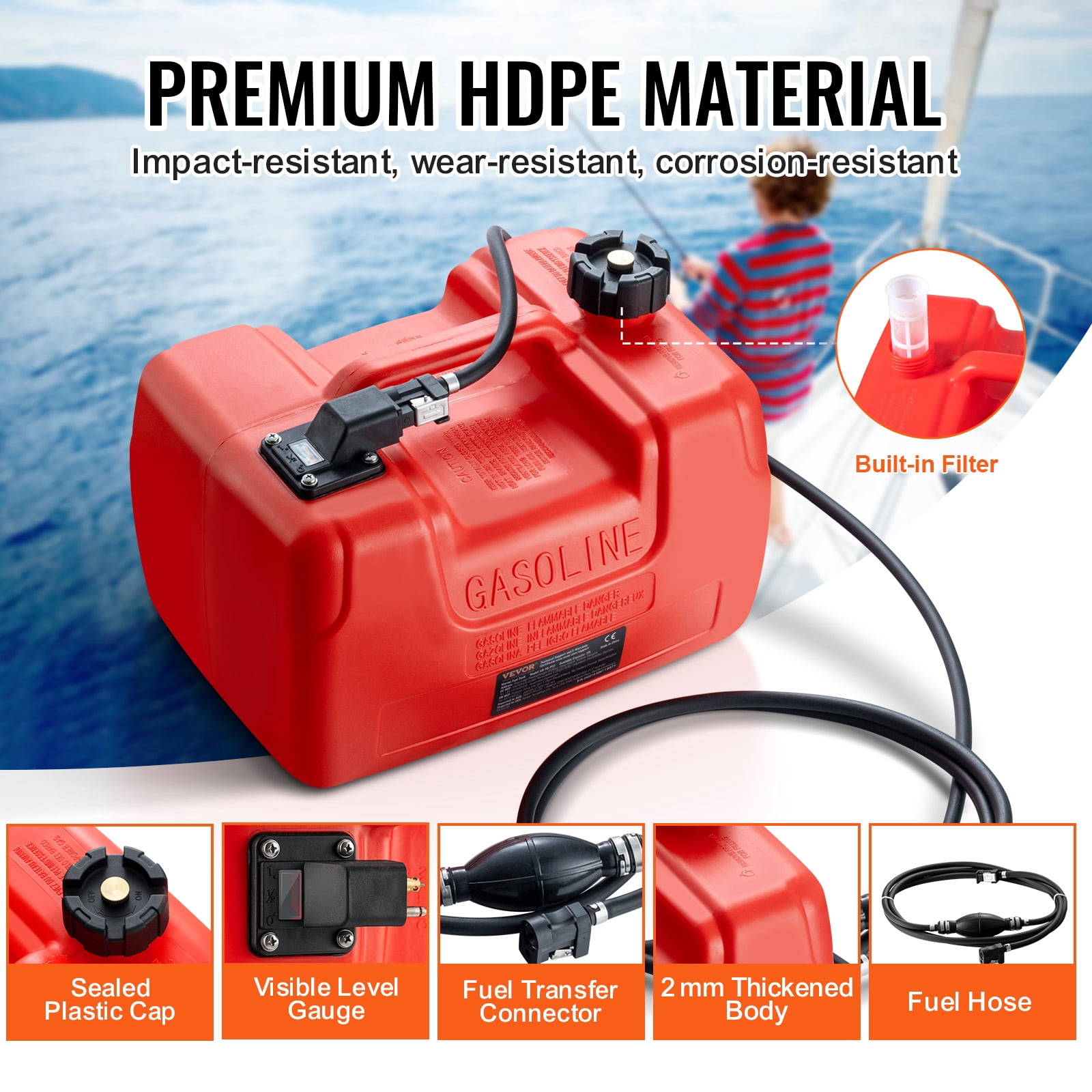 VEVOR Boat Fuel Tank, 3.17-Gallon/12-L Marine Outboard Transfer Tank, Transfer Tank with 9.8ft Hose, Gauge for Outboard Engine, Yacht, Fishing Boat, Deck, Red