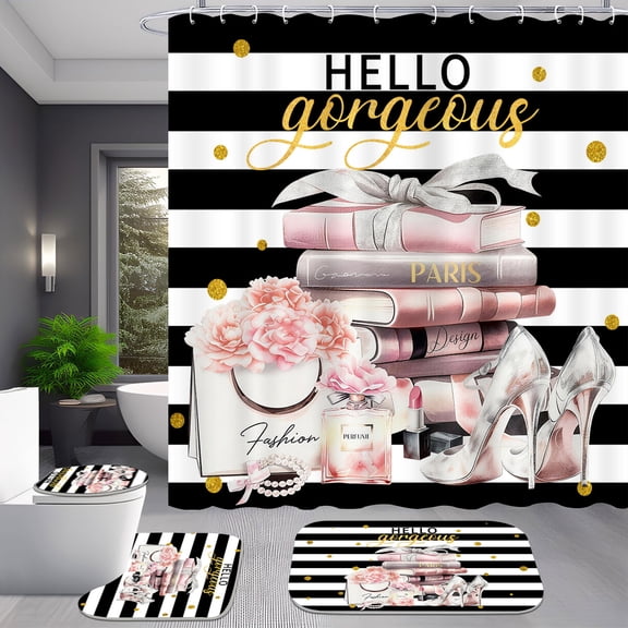 4 Piece Trendy Paris Books and Pink Floral Shower Curtain Set with Rugs