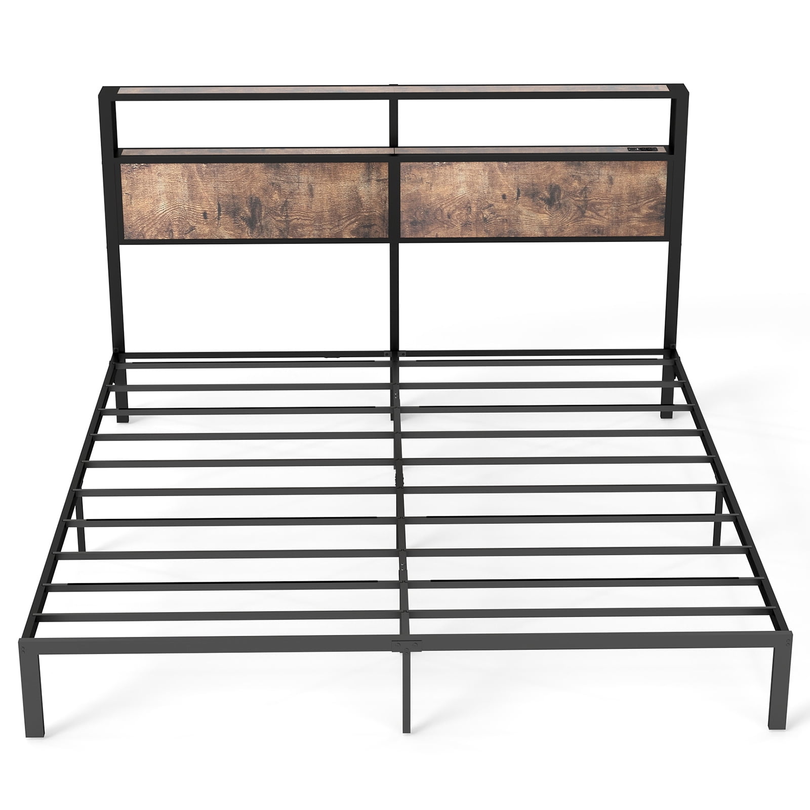 Leumius King Size Bed Frame with Headboard, Platform Bed with RGB LED Light & Charging Station & Under Bed Storage Space, Easy Assembly, Brown