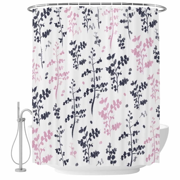 Grey Pink Botanical Shower Curtain, Waterproof Shower Curtains for Bathroom, Watercolor Spring Floral Summer Leaf Washable Fabric Bathtub Curtain Set Bath Decor with 12 Hooks 72"x78"