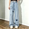 thumbnail image 2 of Edvintorg Straight Leg Jeans for Girls Cute Heart Patchwork Elastic Waist Wide Leg Denim Pants with Pockets Teen Girl Clothes 5-15, 2 of 6
