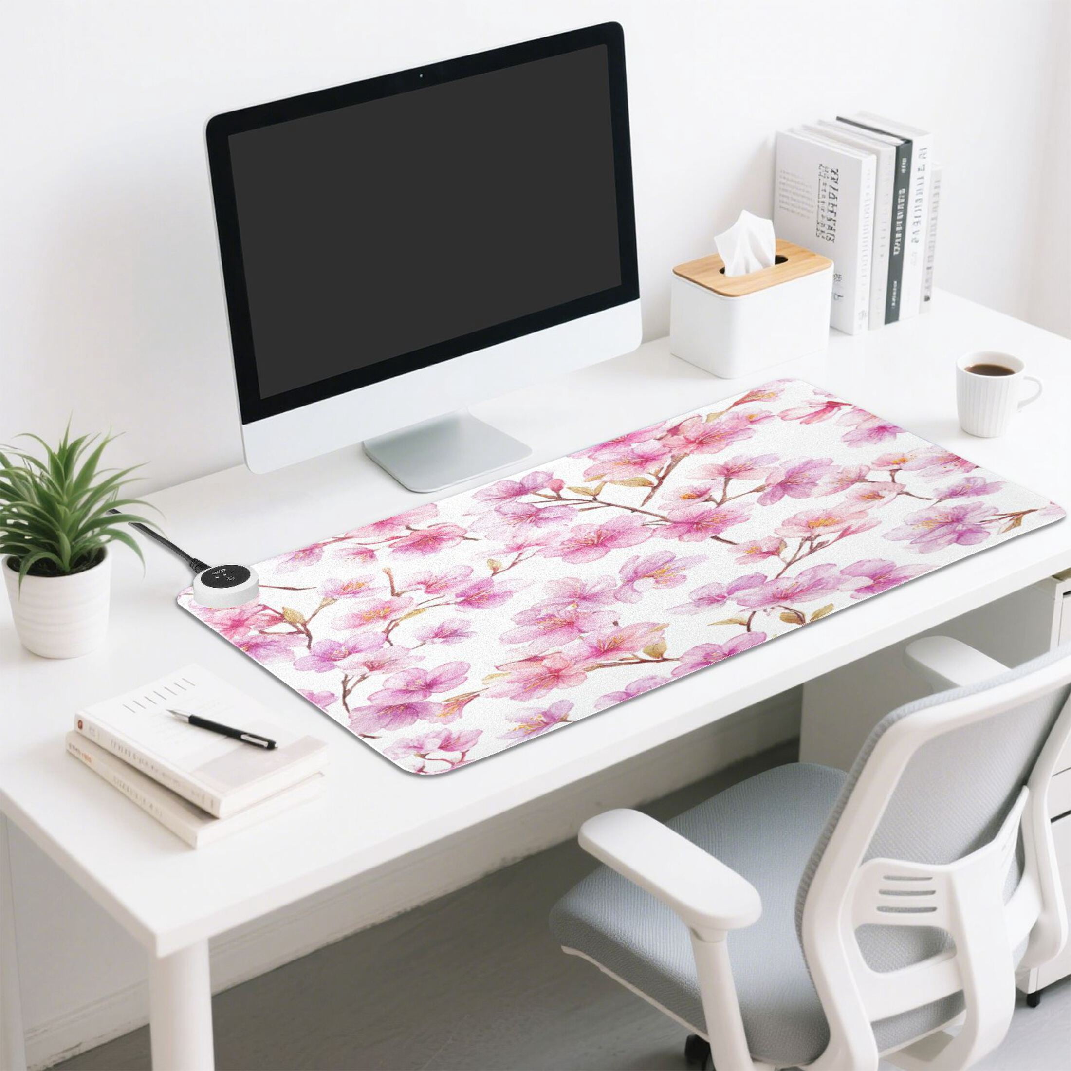 Large Heated Desk Mat Mouse Pad 31.5"x13"PU Leather Graphene Heating Desk Warmer with 3 Temperature Settings 110V US Plug Non-Slip Warm Pad for Home, Office, and Gaming Spring Cherry Blossom Glow
