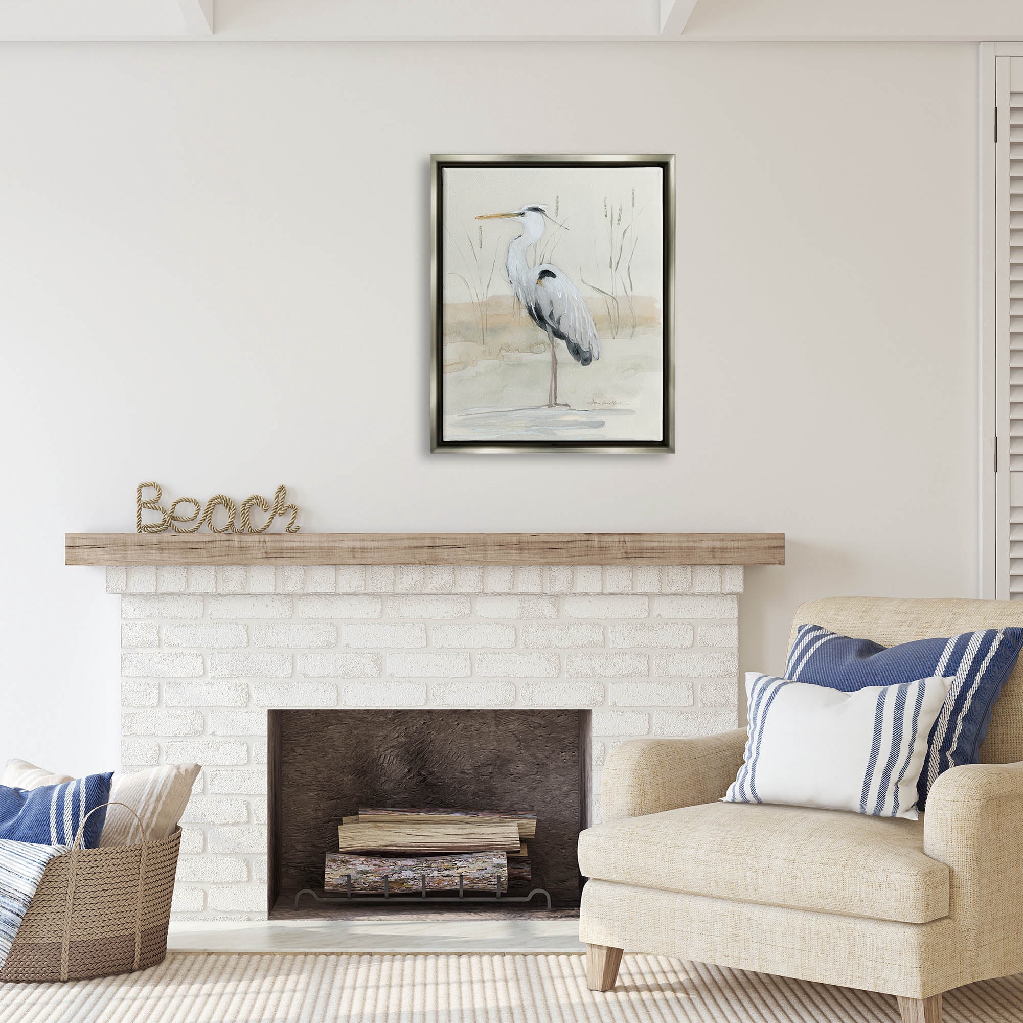 Stupell Industries Heron Bird Riverbank Watercolor Coastal Painting Gray Floater Framed Art Print Wall Art