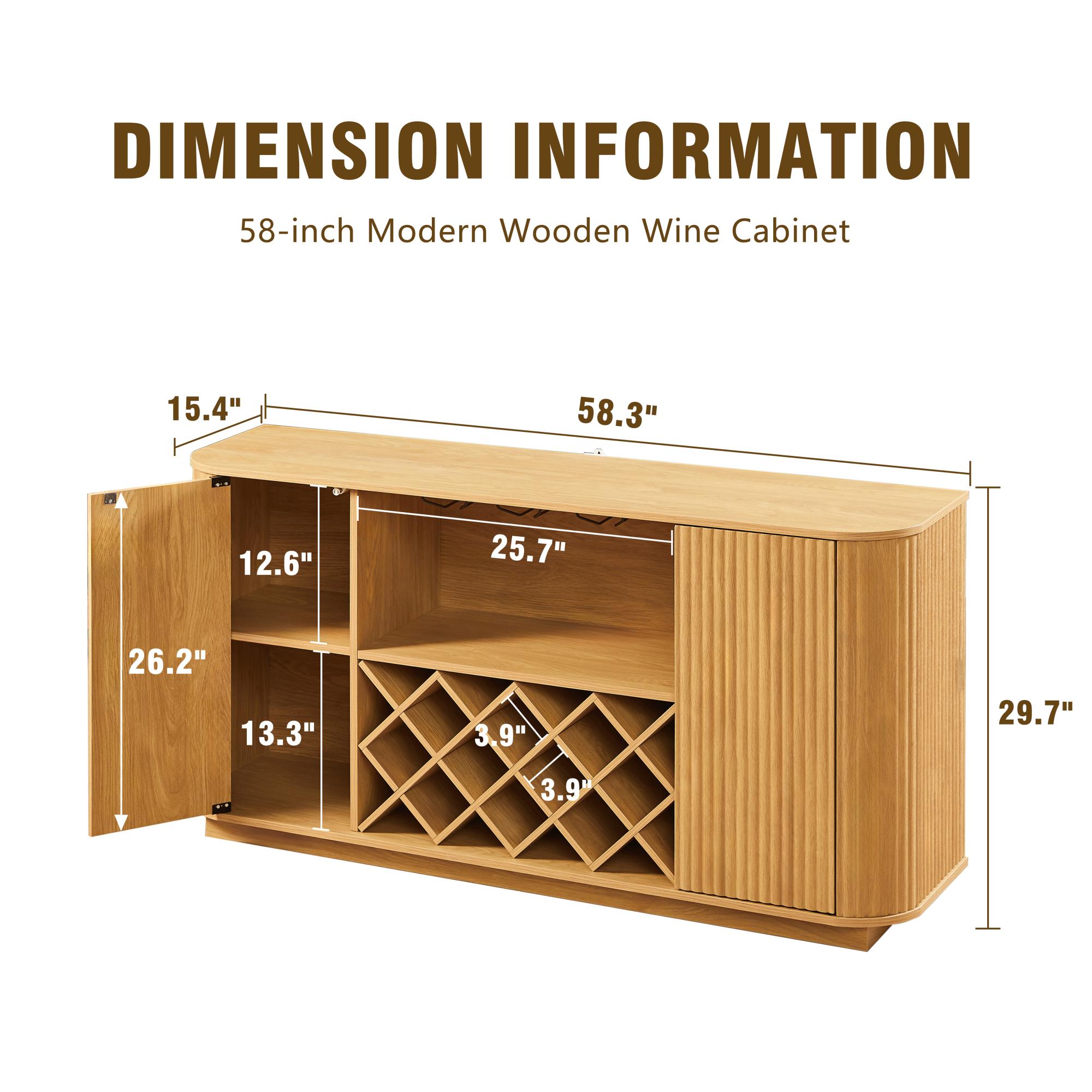 TrumanPick 58" Wine Bar Cabinet with Adjustable Shelves,Modern Liquor Whiskey Coffee Station, Farmhouse Buffet Sideboard with Storage for Living Room, Kitchen, Entryway, Natural