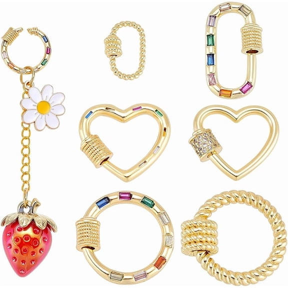 6Pcs 6 Styles Carabiner Lock Charms Real 18K Gold Plated Brass Jewelry Connectors with Screw Clasps Micro Pave Cubic Zirconia Screw Links for DIY Jewelry Making Necklace Bracelet