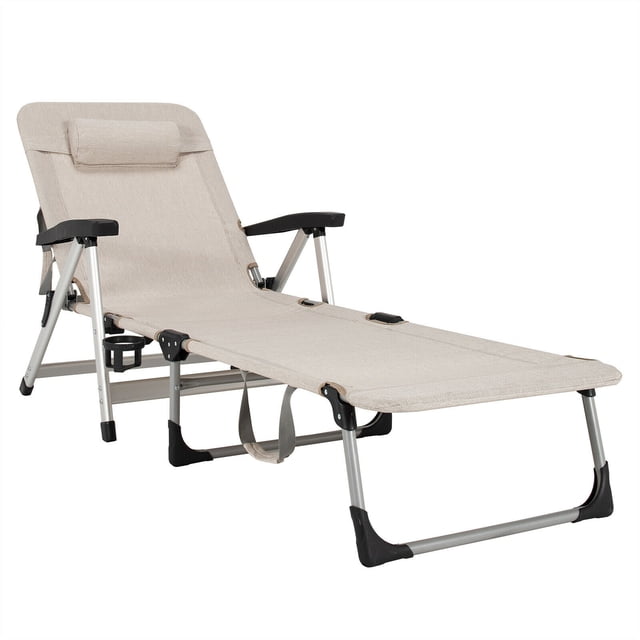 Gymax Chaise Longue de Plage Pliante pour Patio avec 7 Positions Réglables Beige
