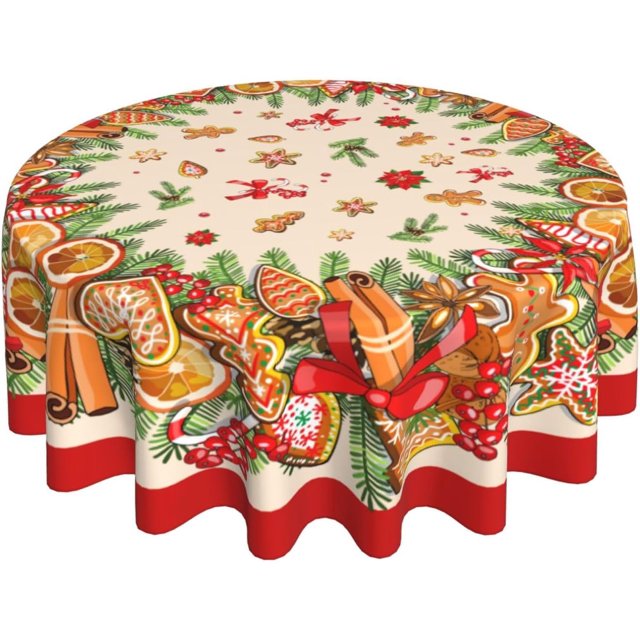 Christmas Gingerbread Man Round Tablecloth 60 Inch Washable Reusable Decoration Table Cover for Kitchen Party