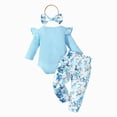 thumbnail image 5 of TOWED22 Infant Baby Girl Fall Winter Clothes 3 Pieces Outfits Long Sleeve Crew Neck Cute Print Romper Jumpsuit Ribbed Flare Pants Headband Set(Sky Blue,0-3 M), 5 of 8