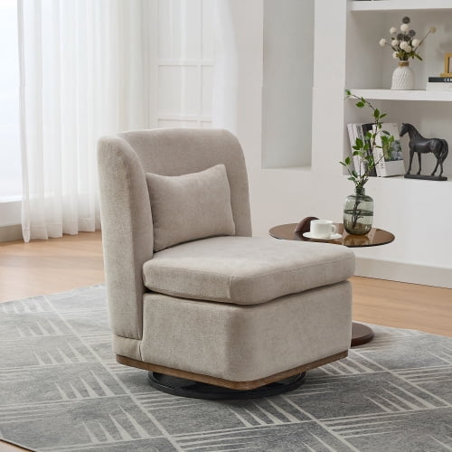 BSHTI 25.2" Wide Modern Chenille Cushioned Armless Metal Base 360°Swivel Chair with Pillow,Suitable for Living Room,Family Room,Bedroom,Lounge Area,Office.Beige