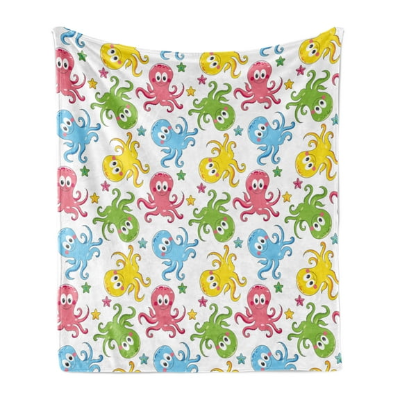 Octopus Soft Flannel Fleece Throw Blanket, Cheerful Chipper Animals in the Ocean with Starfishes Children Nautical Cartoon, Cozy Plush for Indoor and Outdoor Use, 70" x 90", Multicolor, by Ambesonne