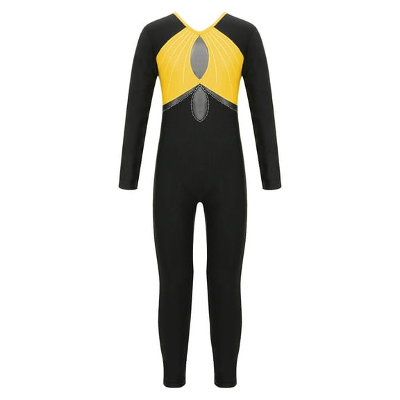 DPOIS Kids Girls Shiny Rhinestone Long Sleeve Full Body Unitard Jumpsuit Yellow 14
