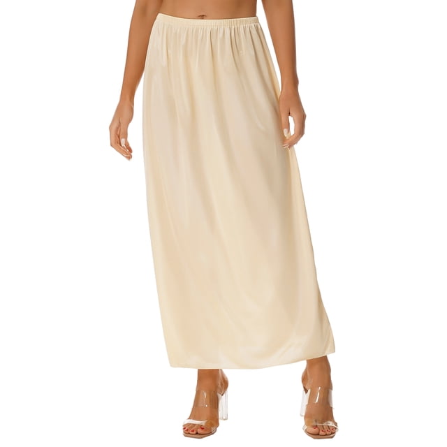 RUNQHUI Jupon Long en Satin pour Femme Demi-Jupon Jupe sous Robe Jupons Rallonge Demi-Jupons 90cm Champagne 3TG