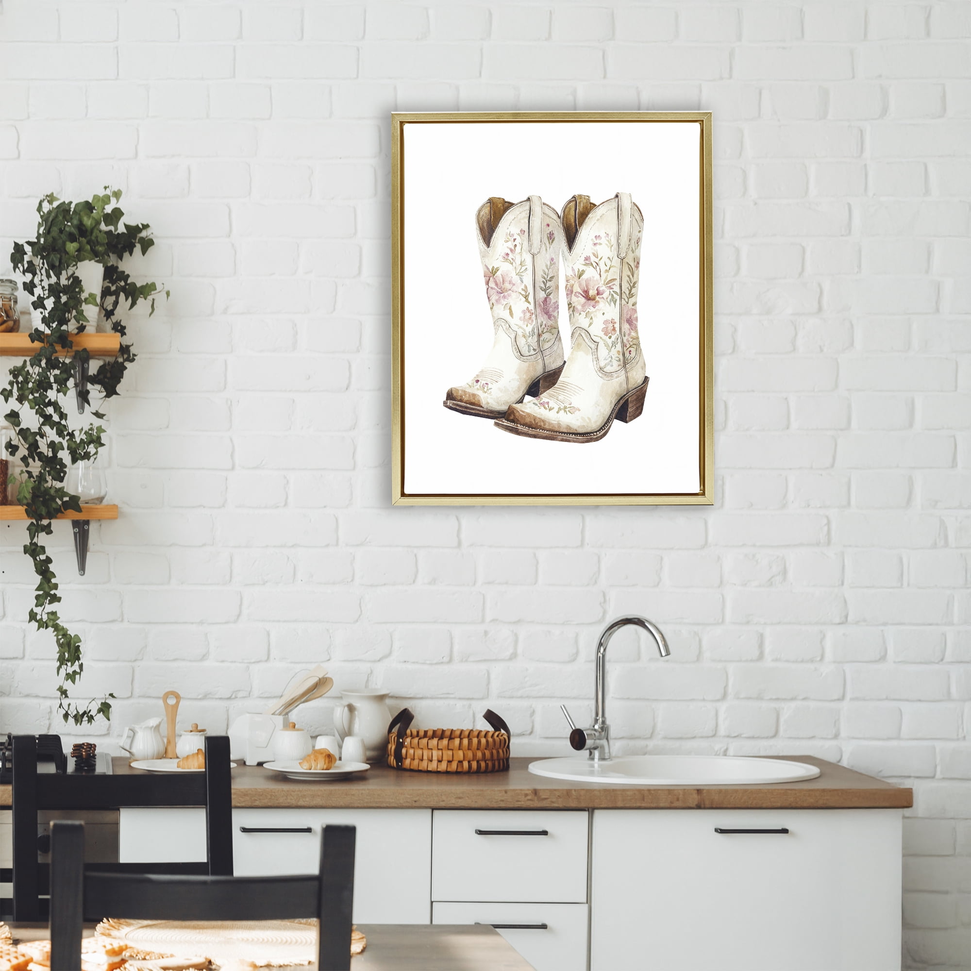 Stupell Industries Boots in Bloom Gold Framed Floater Canvas Wall Art, design by Svetlana Aleynikova