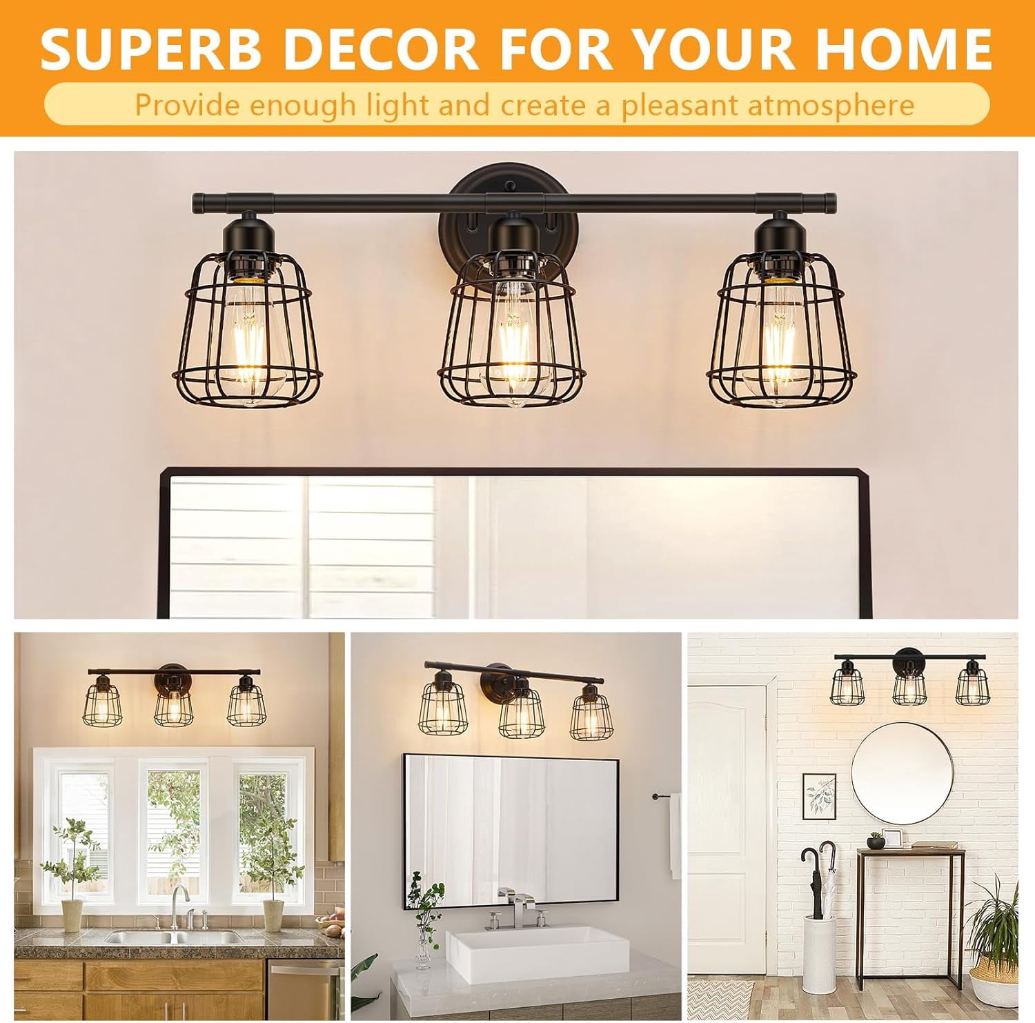 3-Light Bathroom Light Fixtures Vanity Lights with Cage Shade Matte Black Bathroom Lighting Fixtures over Mirror for Mirror Kitchen Living Room Hallway Cabinet Porch