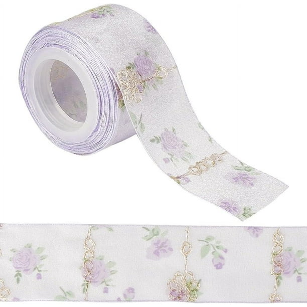 Cinta de gasa con flores de 10 yardas, 40 mm, cintas florales de tela, ribetes de satén con estampado lila, flores de rosas, ribete de encaje jacquard, envoltura de regalos decorativa