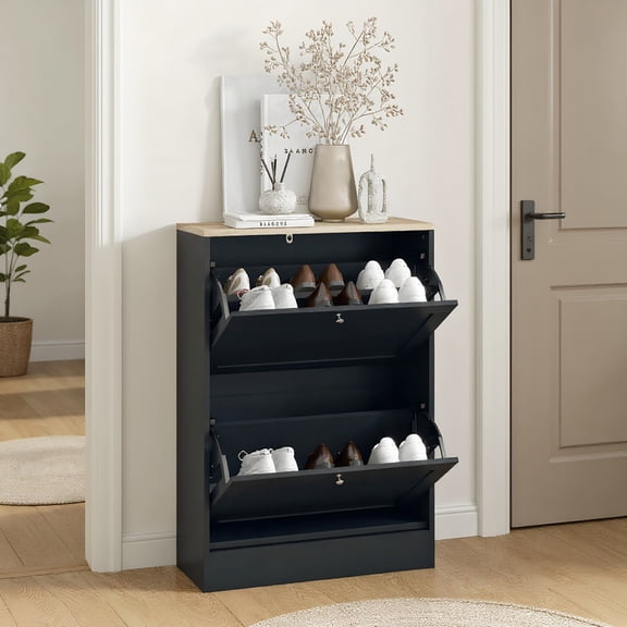 Spaco Slim Shoe Storage Cabinet with 2 Flip Drawers and Adjustable Shelves, Modern Shoe Cabinet for 12 Pairs, Shoe Cabinet for Indoor as Living Room, Entryway, Black