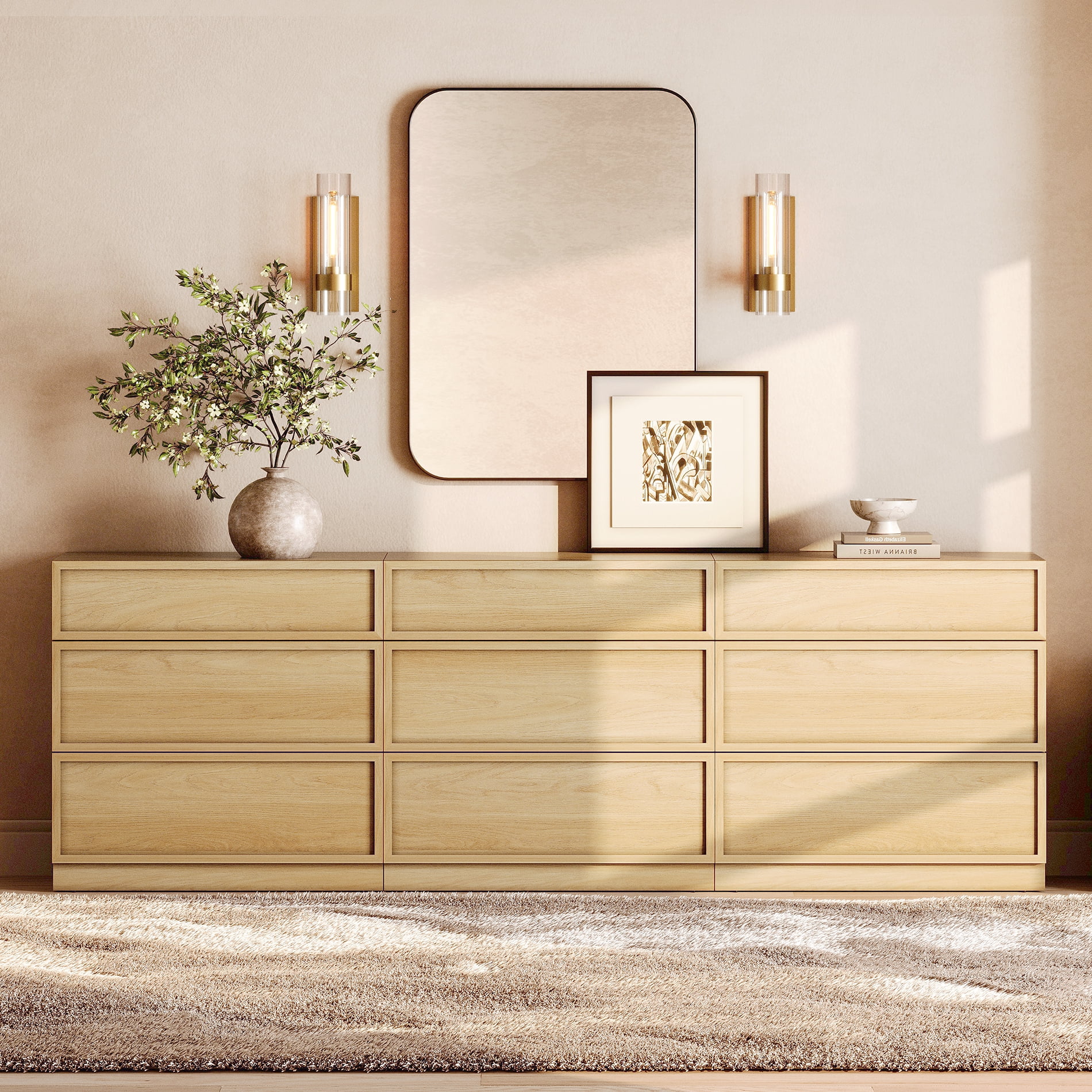 Modern 9-Drawer Wood Dresser, Handle-Free Push-Press Storage Chest with Solid Floor Base, Minimalist Storage Cabinet for Bedroom Living Room, Oak