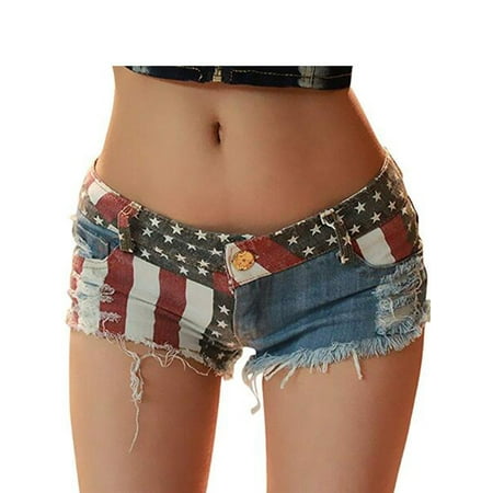 American US Flag Denim Hot Pants Mini Jeans Shorts for Women Juniors Low Rise Frayed Raw Hem Ripped Washed 5 Pockets