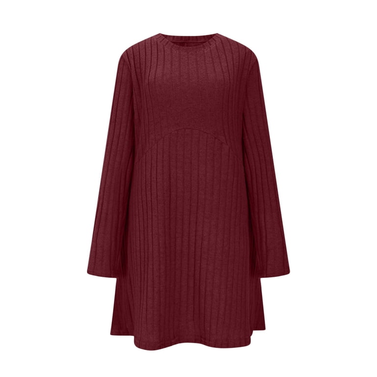 aohooy Sweater Dresses for Tall Women Ribbed Knit Long Sleeve Dresses  Empire Waist Crewneck Winter Knee Length A Line Dress with Pockets Wine,XL 